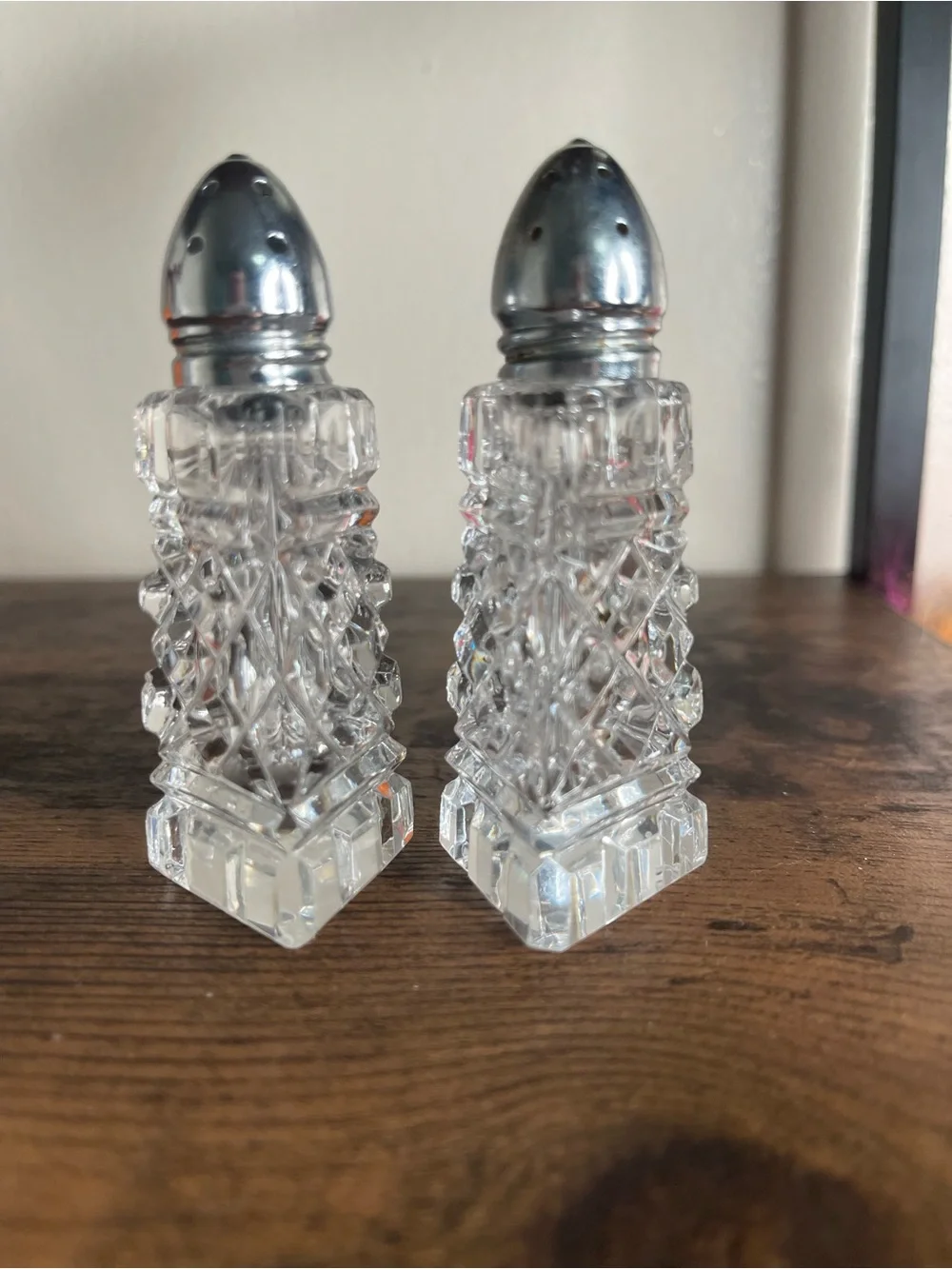 Clear Cut Glass Salt and Pepper Shakers with Silver Tops